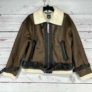 Women’s Faux Shearling Aviator Jacket Wild Fable Brown M NWT